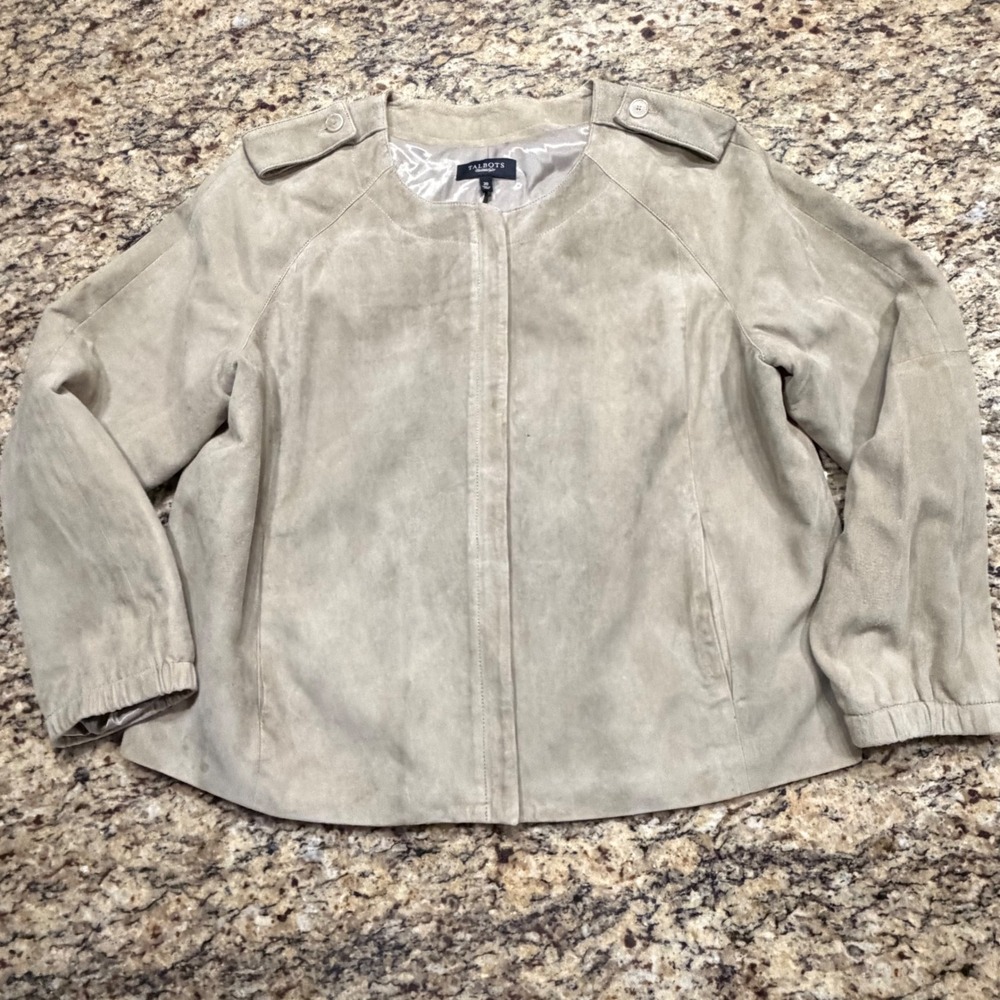 Talbots Womens 20 Beige 100% Goat Suede Full Zip Collarless Jacket‎ Epaulettes